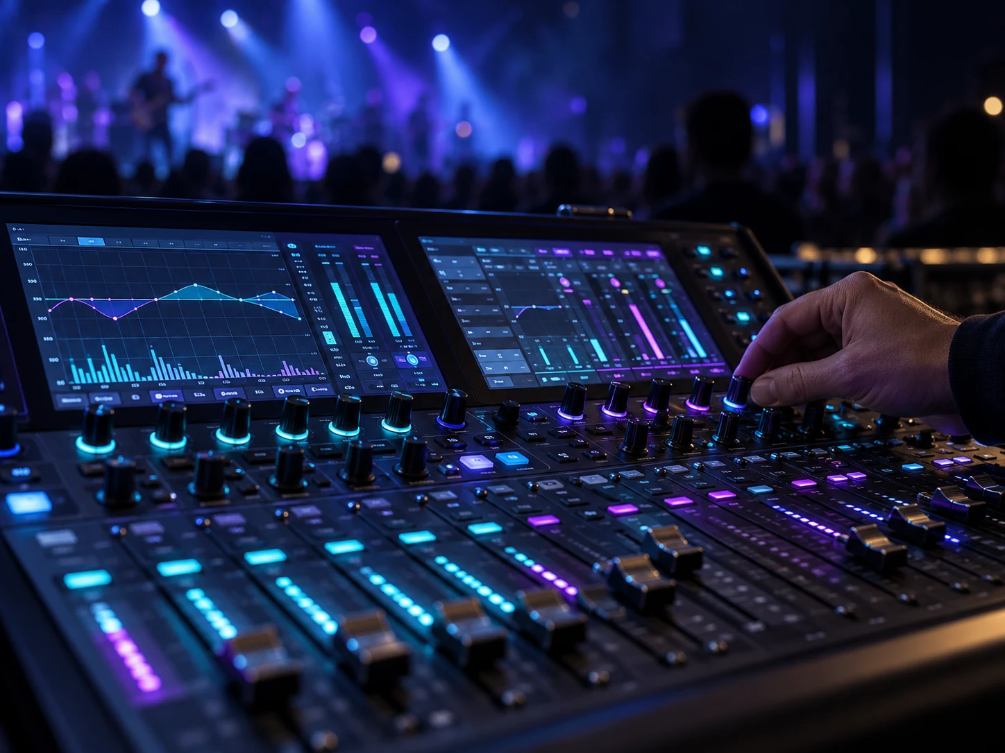 Professional digital audio desk with blue stage lighting