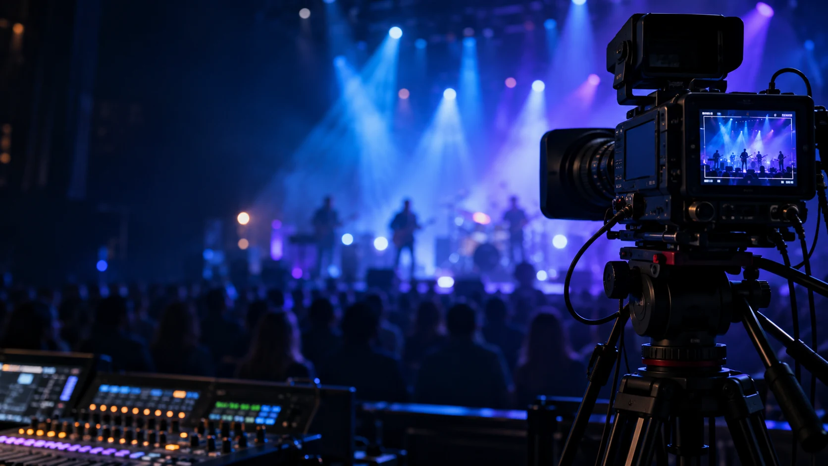A broadcast camera capturing a concert under blue and violet stage lights
